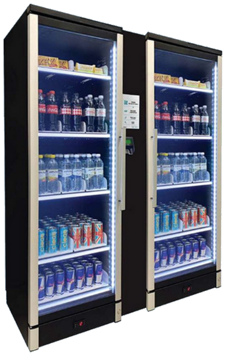 Gen V smart store twin glass-door cabinets stocked with soft drinks, water and canned drinks
