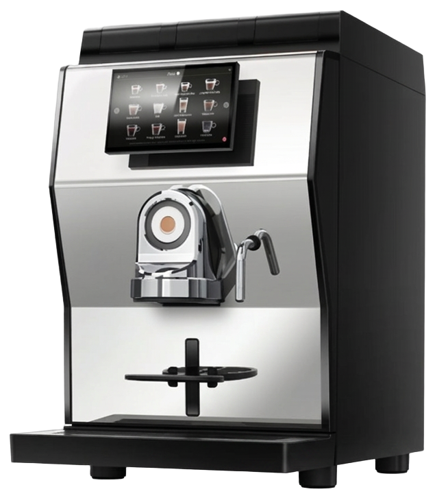 Rhea rhTT1 table-top coffee machine in inox and black, with a touchscreen and a separate hot water nozzle